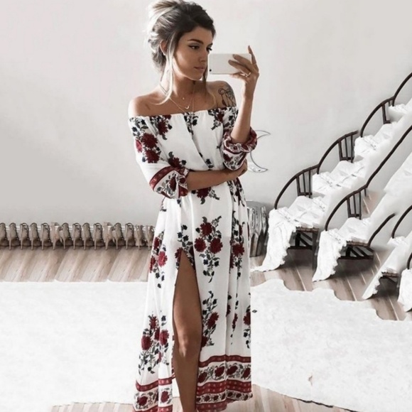 Bohemian Off-Shoulder Floral Hippie Dress - Picture 2 of 5